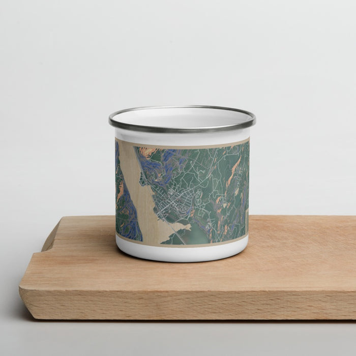 Front View Custom Cold Spring New York Map Enamel Mug in Afternoon on Cutting Board