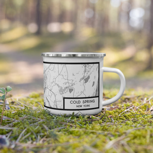 Right View Custom Cold Spring New York Map Enamel Mug in Classic on Grass With Trees in Background