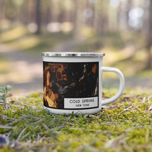 Right View Custom Cold Spring New York Map Enamel Mug in Ember on Grass With Trees in Background
