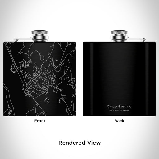 Rendered View of Cold Spring New York Map Engraving on 6oz Stainless Steel Flask in Black