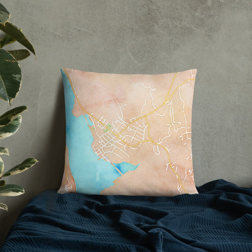 Custom Cold Spring New York Map Throw Pillow in Watercolor on Bedding Against Wall