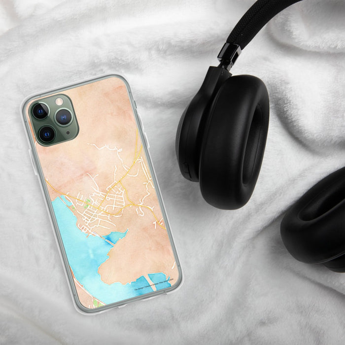Custom Cold Spring New York Map Phone Case in Watercolor on Table with Black Headphones