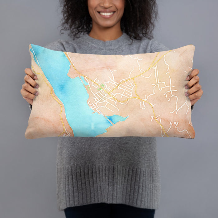 Person holding 20x12 Custom Cold Spring New York Map Throw Pillow in Watercolor
