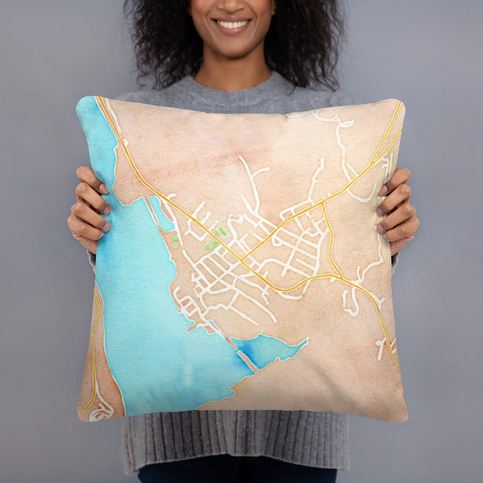 Person holding 18x18 Custom Cold Spring New York Map Throw Pillow in Watercolor