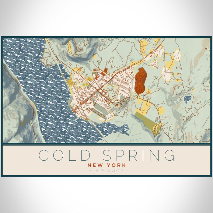 Cold Spring New York Map Print Landscape Orientation in Woodblock Style With Shaded Background