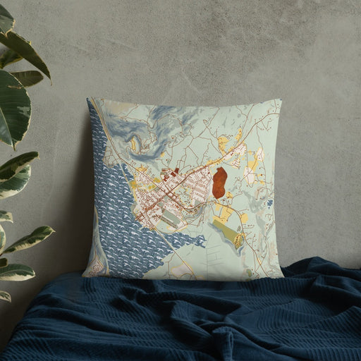 Custom Cold Spring New York Map Throw Pillow in Woodblock on Bedding Against Wall