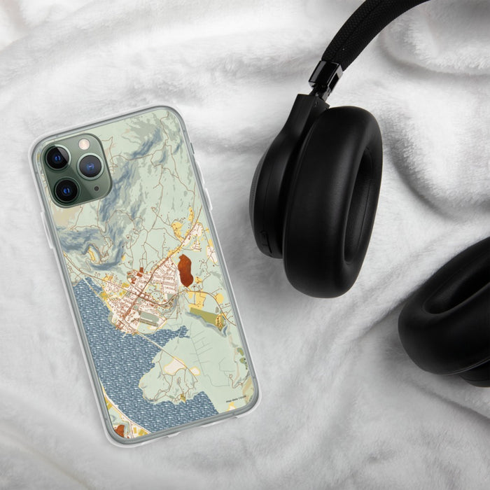 Custom Cold Spring New York Map Phone Case in Woodblock on Table with Black Headphones