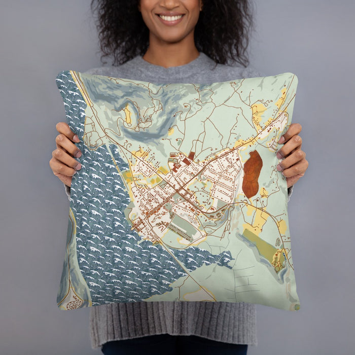 Person holding 18x18 Custom Cold Spring New York Map Throw Pillow in Woodblock