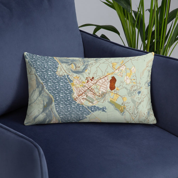 Custom Cold Spring New York Map Throw Pillow in Woodblock on Blue Colored Chair