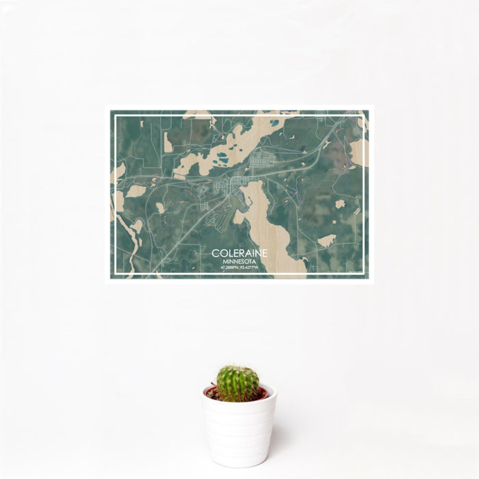 12x18 Coleraine Minnesota Map Print Landscape Orientation in Afternoon Style With Small Cactus Plant in White Planter