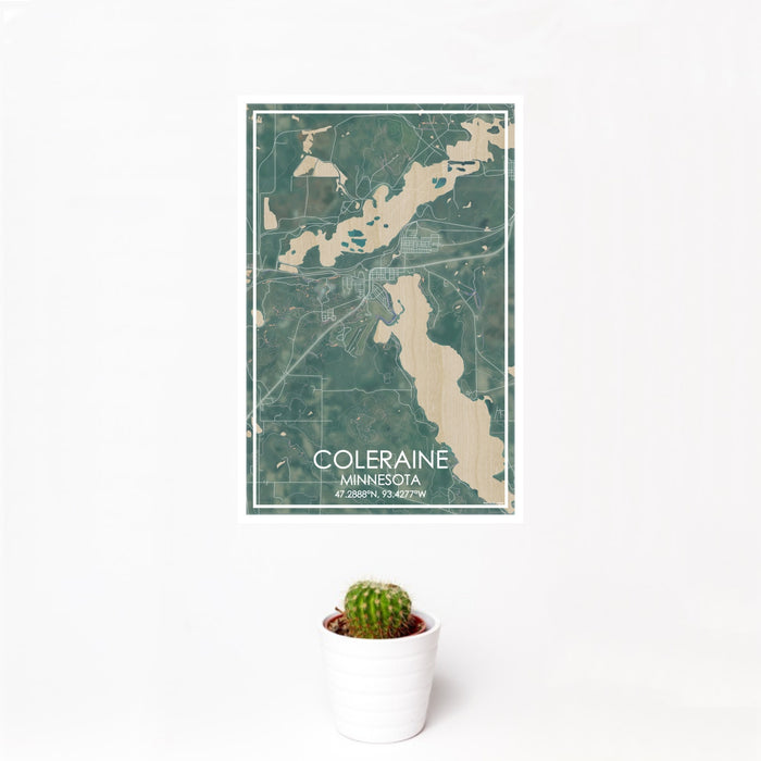 12x18 Coleraine Minnesota Map Print Portrait Orientation in Afternoon Style With Small Cactus Plant in White Planter