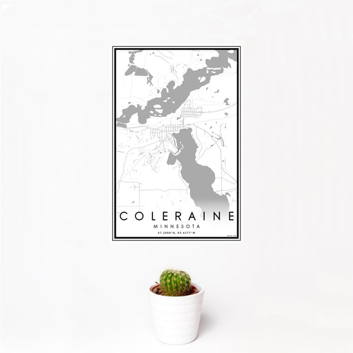 12x18 Coleraine Minnesota Map Print Portrait Orientation in Classic Style With Small Cactus Plant in White Planter