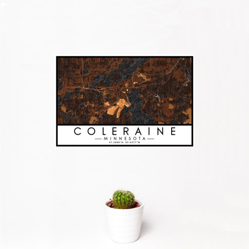 12x18 Coleraine Minnesota Map Print Landscape Orientation in Ember Style With Small Cactus Plant in White Planter