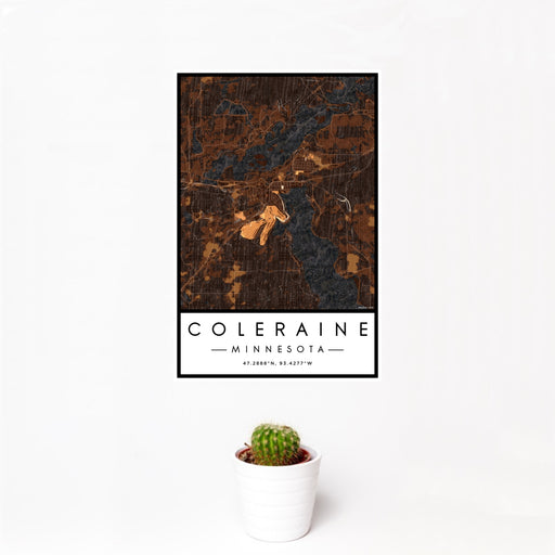 12x18 Coleraine Minnesota Map Print Portrait Orientation in Ember Style With Small Cactus Plant in White Planter
