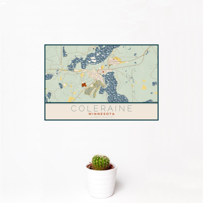 12x18 Coleraine Minnesota Map Print Landscape Orientation in Woodblock Style With Small Cactus Plant in White Planter