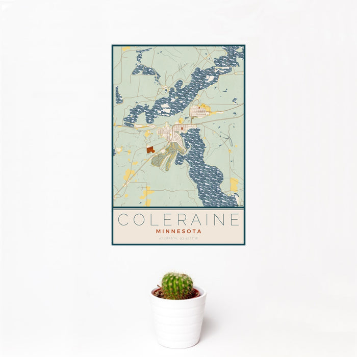 12x18 Coleraine Minnesota Map Print Portrait Orientation in Woodblock Style With Small Cactus Plant in White Planter