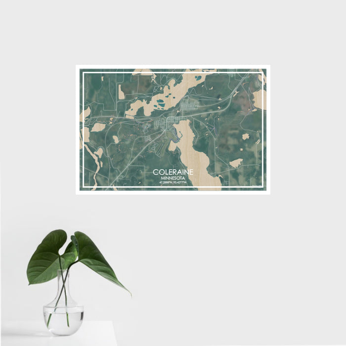 16x24 Coleraine Minnesota Map Print Landscape Orientation in Afternoon Style With Tropical Plant Leaves in Water