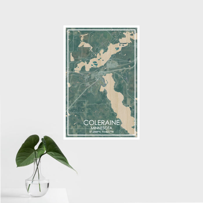 16x24 Coleraine Minnesota Map Print Portrait Orientation in Afternoon Style With Tropical Plant Leaves in Water