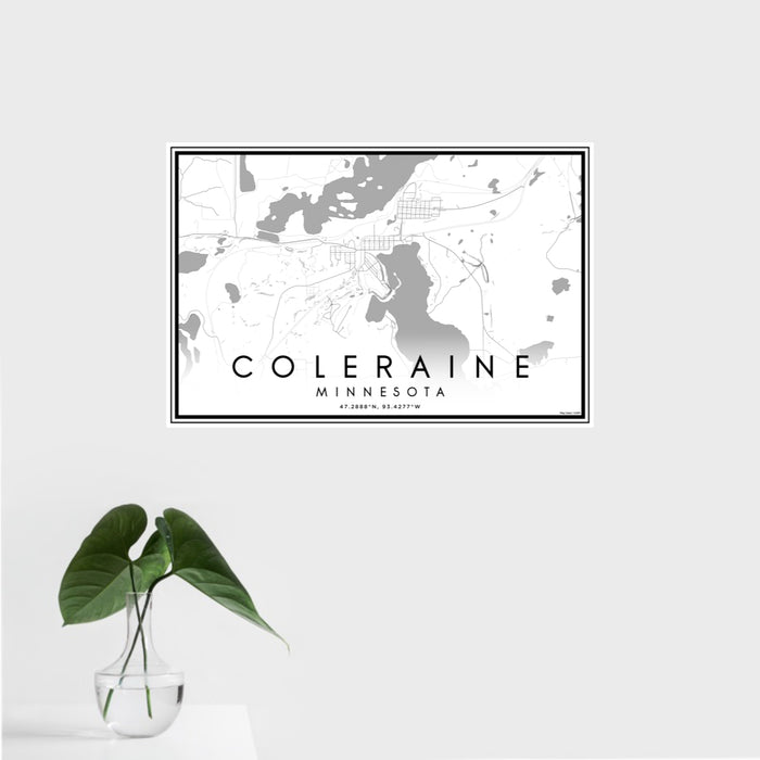 16x24 Coleraine Minnesota Map Print Landscape Orientation in Classic Style With Tropical Plant Leaves in Water