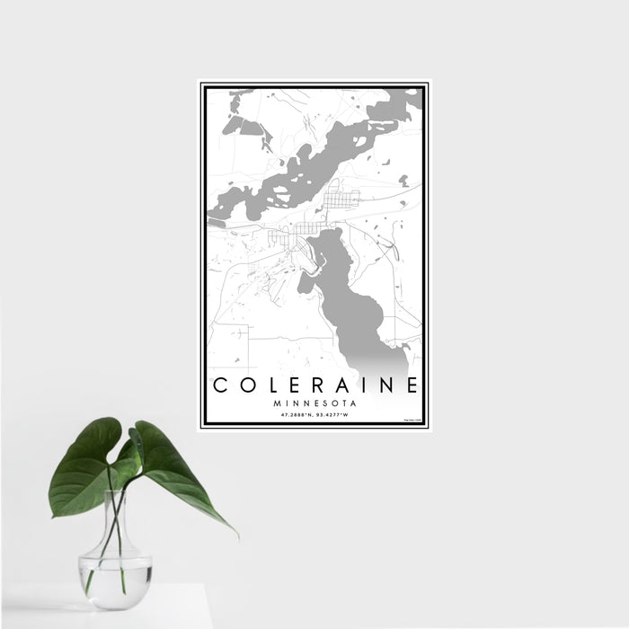 16x24 Coleraine Minnesota Map Print Portrait Orientation in Classic Style With Tropical Plant Leaves in Water