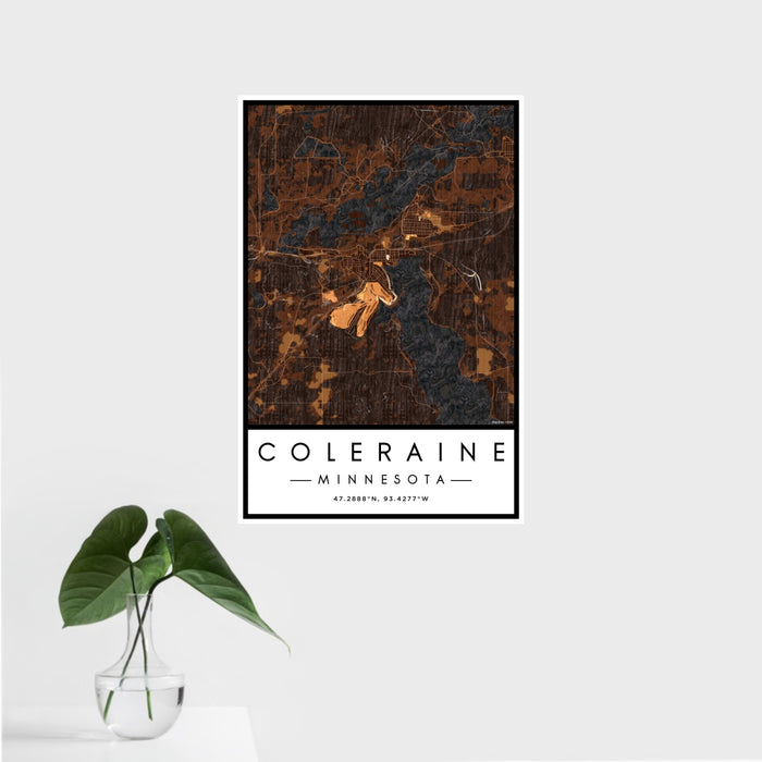 16x24 Coleraine Minnesota Map Print Portrait Orientation in Ember Style With Tropical Plant Leaves in Water