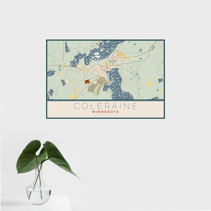 16x24 Coleraine Minnesota Map Print Landscape Orientation in Woodblock Style With Tropical Plant Leaves in Water