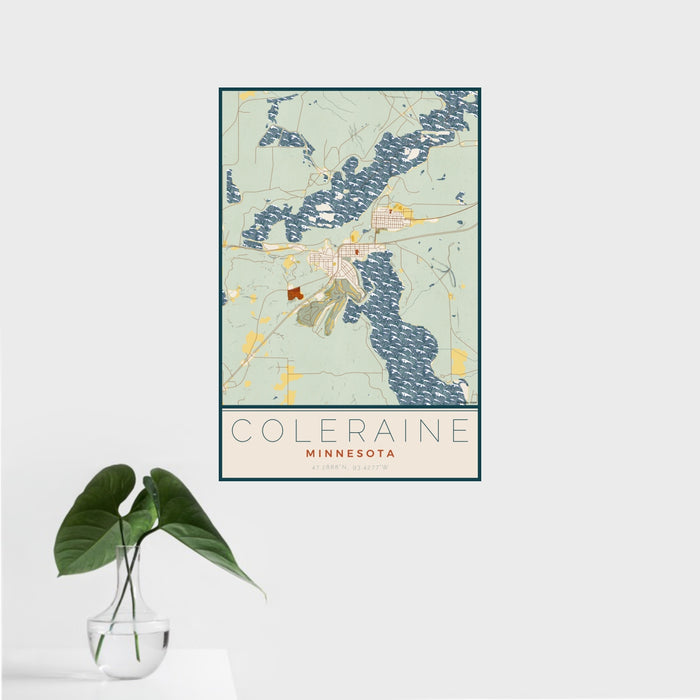 16x24 Coleraine Minnesota Map Print Portrait Orientation in Woodblock Style With Tropical Plant Leaves in Water