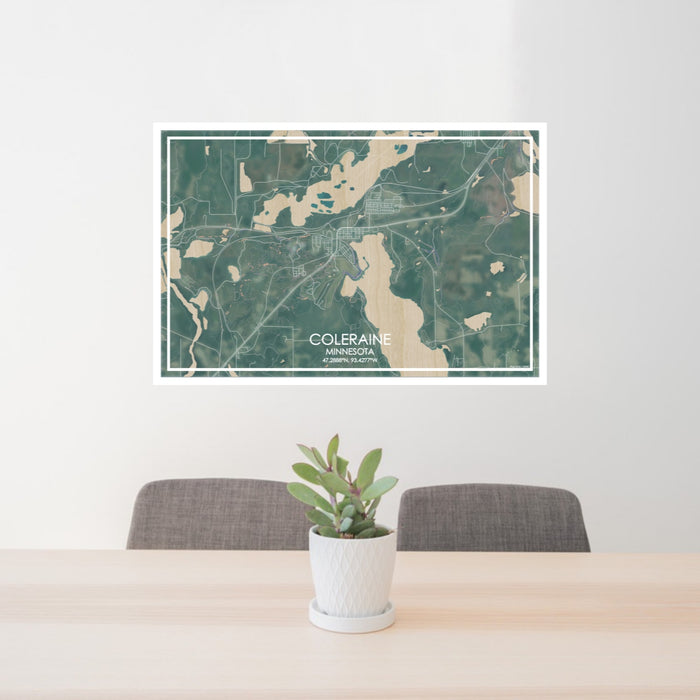24x36 Coleraine Minnesota Map Print Lanscape Orientation in Afternoon Style Behind 2 Chairs Table and Potted Plant