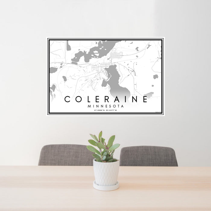 24x36 Coleraine Minnesota Map Print Lanscape Orientation in Classic Style Behind 2 Chairs Table and Potted Plant