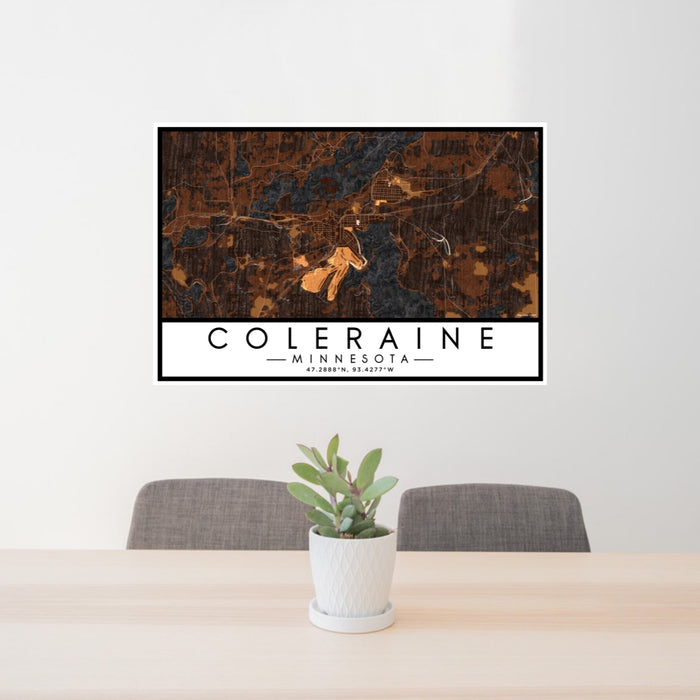 24x36 Coleraine Minnesota Map Print Lanscape Orientation in Ember Style Behind 2 Chairs Table and Potted Plant