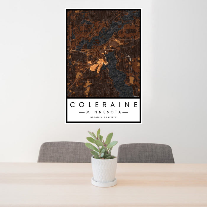 24x36 Coleraine Minnesota Map Print Portrait Orientation in Ember Style Behind 2 Chairs Table and Potted Plant