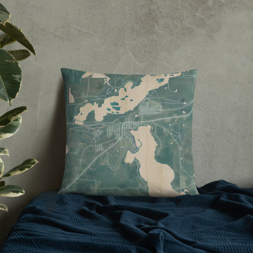 Custom Coleraine Minnesota Map Throw Pillow in Afternoon on Bedding Against Wall