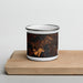 Front View Custom Coleraine Minnesota Map Enamel Mug in Ember on Cutting Board