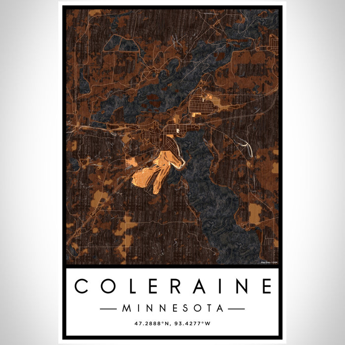 Coleraine Minnesota Map Print Portrait Orientation in Ember Style With Shaded Background