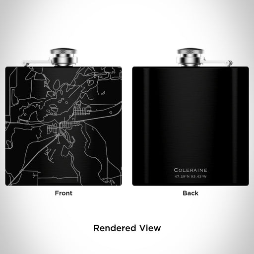 Rendered View of Coleraine Minnesota Map Engraving on 6oz Stainless Steel Flask in Black