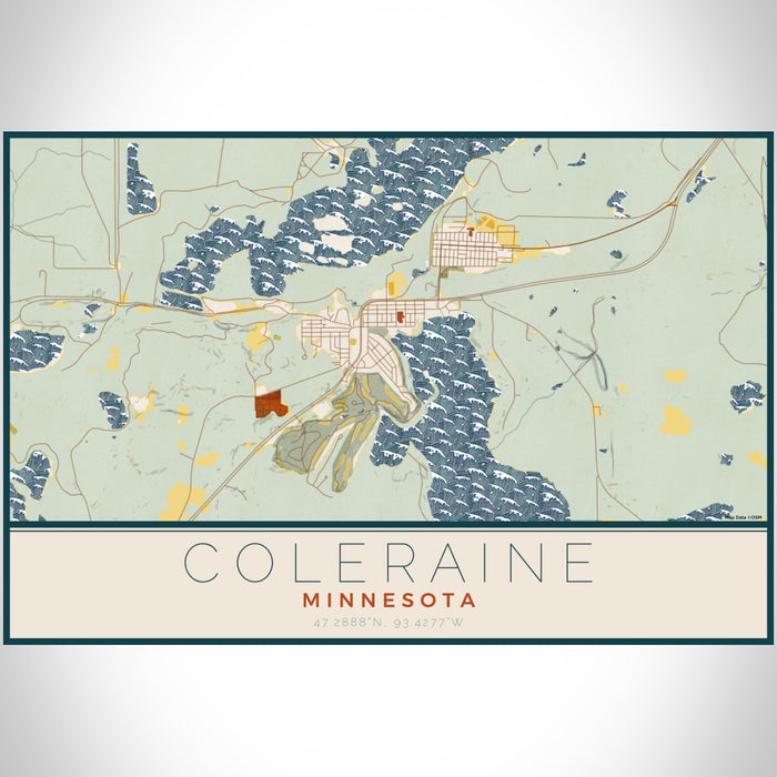 Coleraine Minnesota Map Print Landscape Orientation in Woodblock Style With Shaded Background