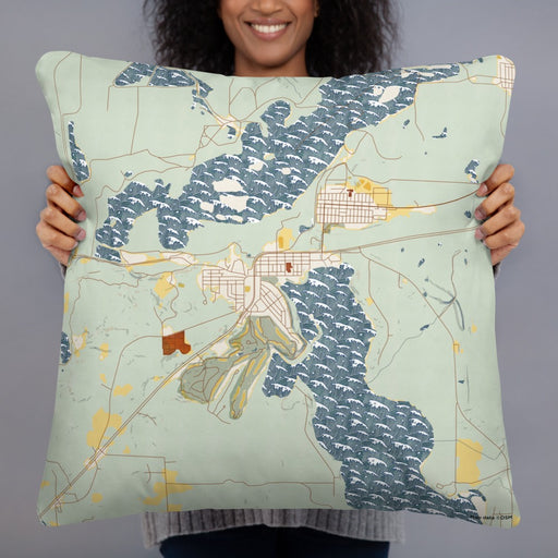 Person holding 22x22 Custom Coleraine Minnesota Map Throw Pillow in Woodblock