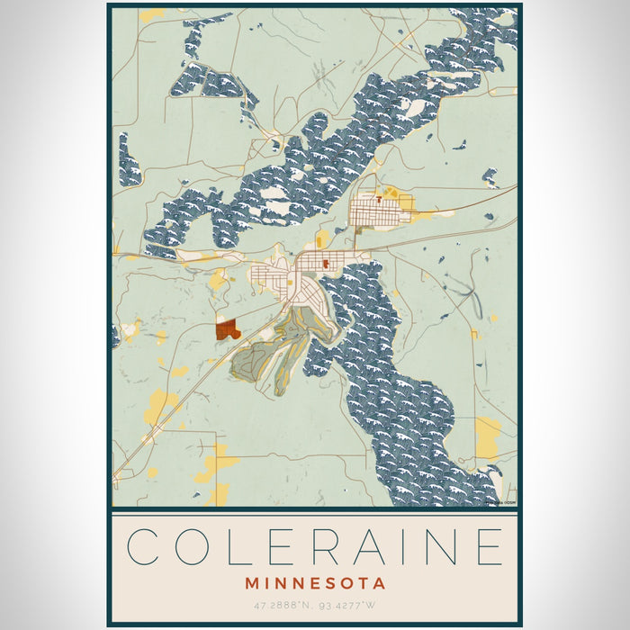 Coleraine Minnesota Map Print Portrait Orientation in Woodblock Style With Shaded Background