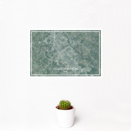 12x18 College Station Texas Map Print Landscape Orientation in Afternoon Style With Small Cactus Plant in White Planter