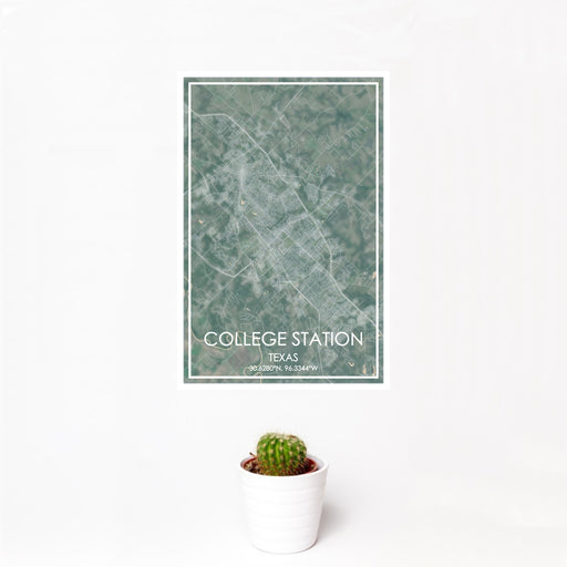 12x18 College Station Texas Map Print Portrait Orientation in Afternoon Style With Small Cactus Plant in White Planter