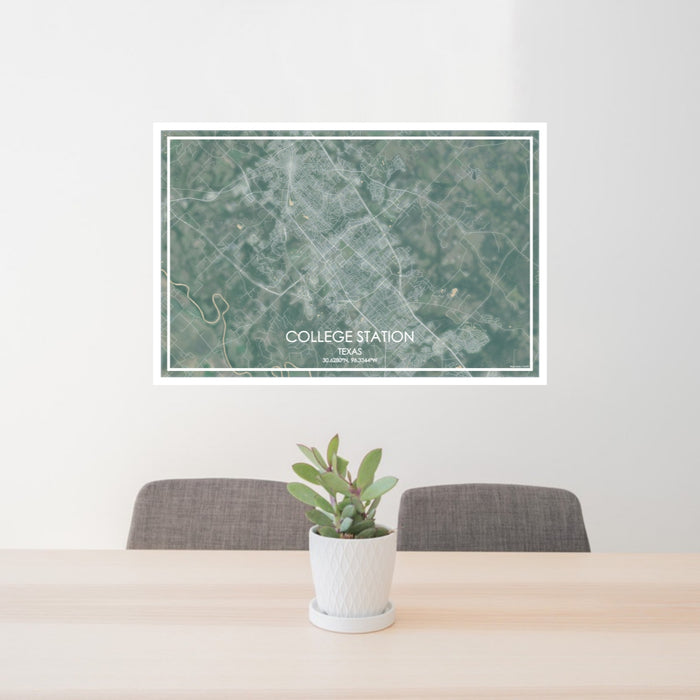 24x36 College Station Texas Map Print Lanscape Orientation in Afternoon Style Behind 2 Chairs Table and Potted Plant
