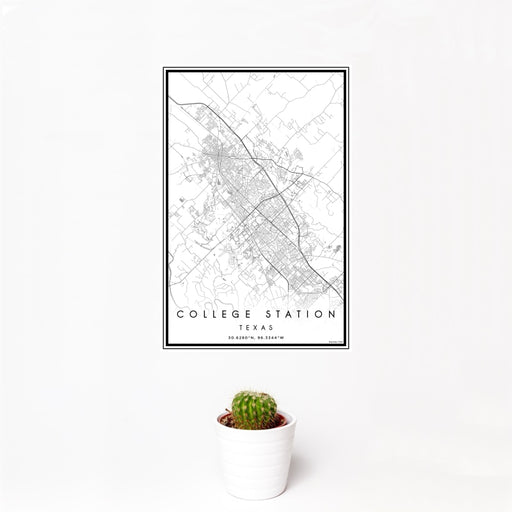 12x18 College Station Texas Map Print Portrait Orientation in Classic Style With Small Cactus Plant in White Planter