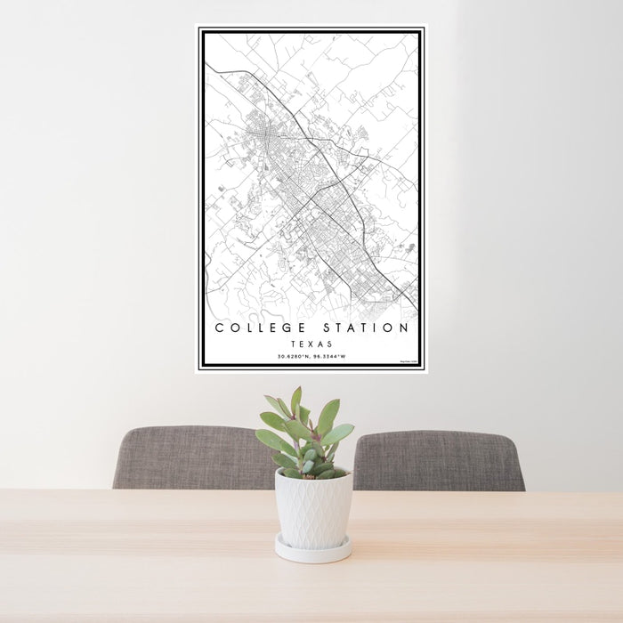 24x36 College Station Texas Map Print Portrait Orientation in Classic Style Behind 2 Chairs Table and Potted Plant