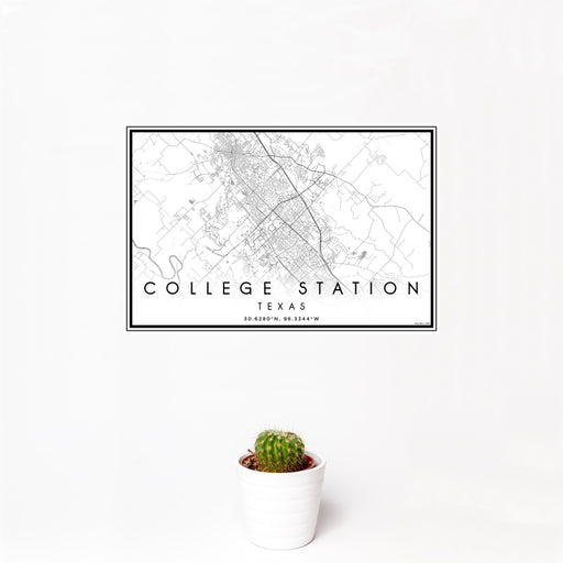 12x18 College Station Texas Map Print Landscape Orientation in Classic Style With Small Cactus Plant in White Planter