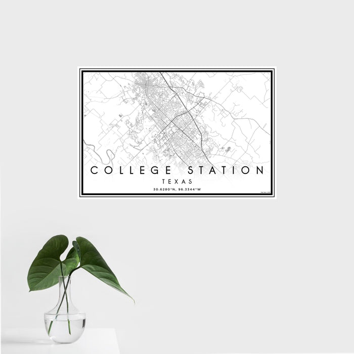 16x24 College Station Texas Map Print Landscape Orientation in Classic Style With Tropical Plant Leaves in Water