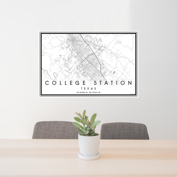 24x36 College Station Texas Map Print Landscape Orientation in Classic Style Behind 2 Chairs Table and Potted Plant