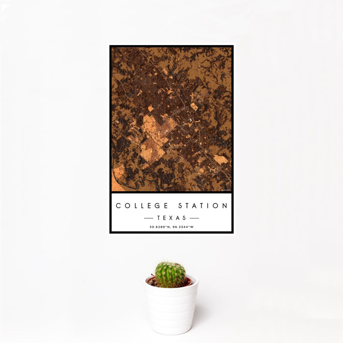 12x18 College Station Texas Map Print Portrait Orientation in Ember Style With Small Cactus Plant in White Planter