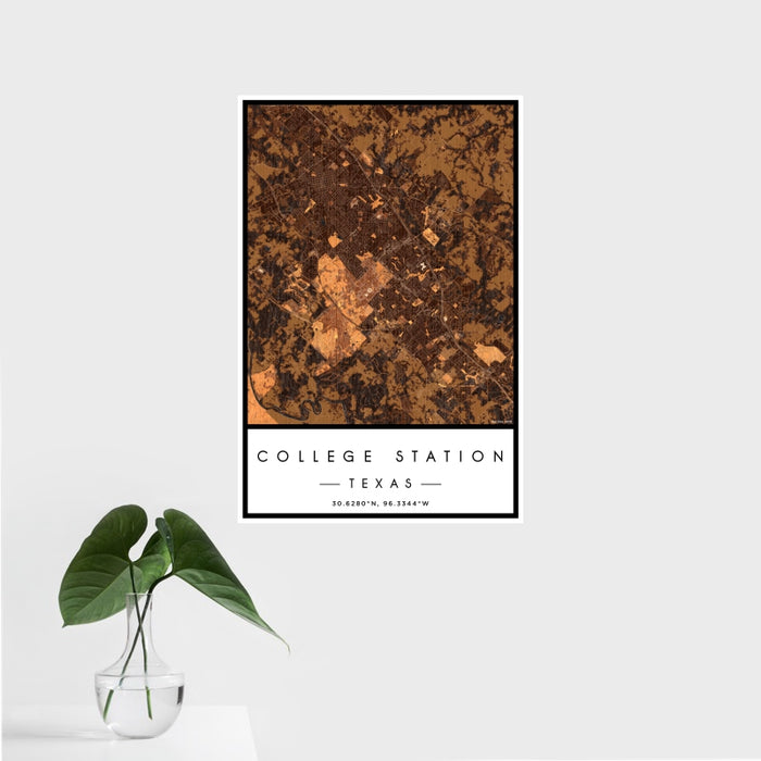 16x24 College Station Texas Map Print Portrait Orientation in Ember Style With Tropical Plant Leaves in Water