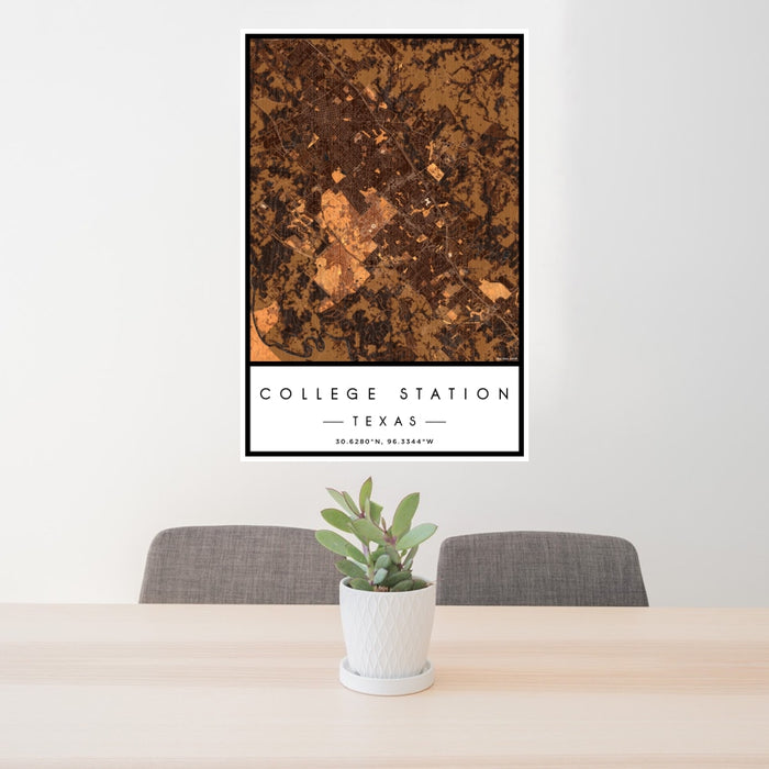 24x36 College Station Texas Map Print Portrait Orientation in Ember Style Behind 2 Chairs Table and Potted Plant