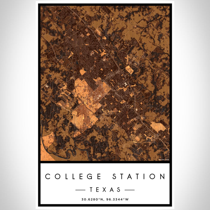 College Station Texas Map Print Portrait Orientation in Ember Style With Shaded Background